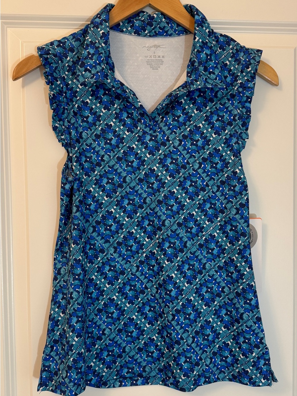 X by Gottex blue tile print sleeveless polo golf/tennis top